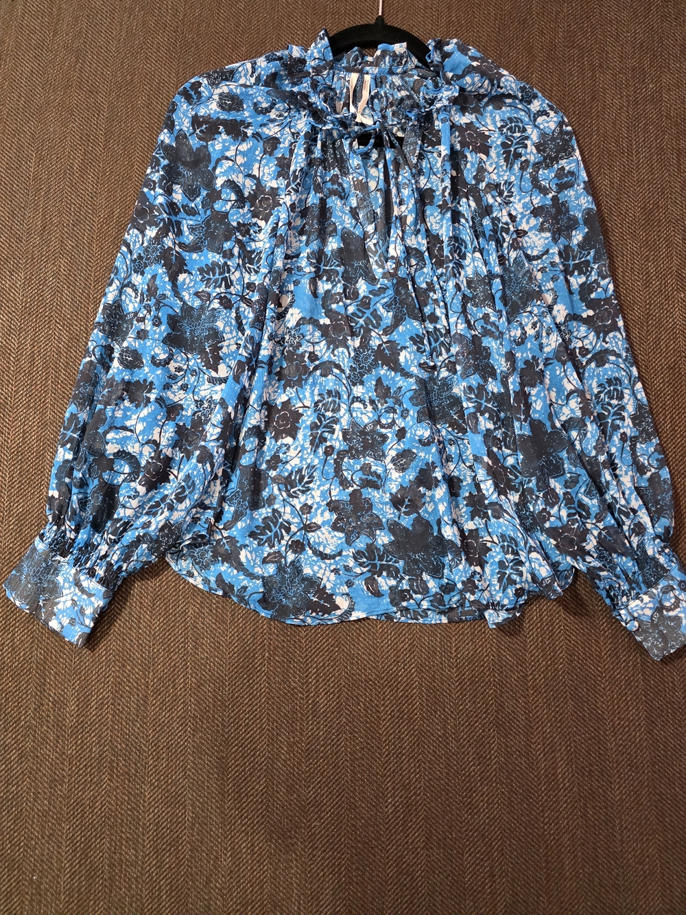 Anthropologie Blue and Black Floral Tie-Neck Blouse
